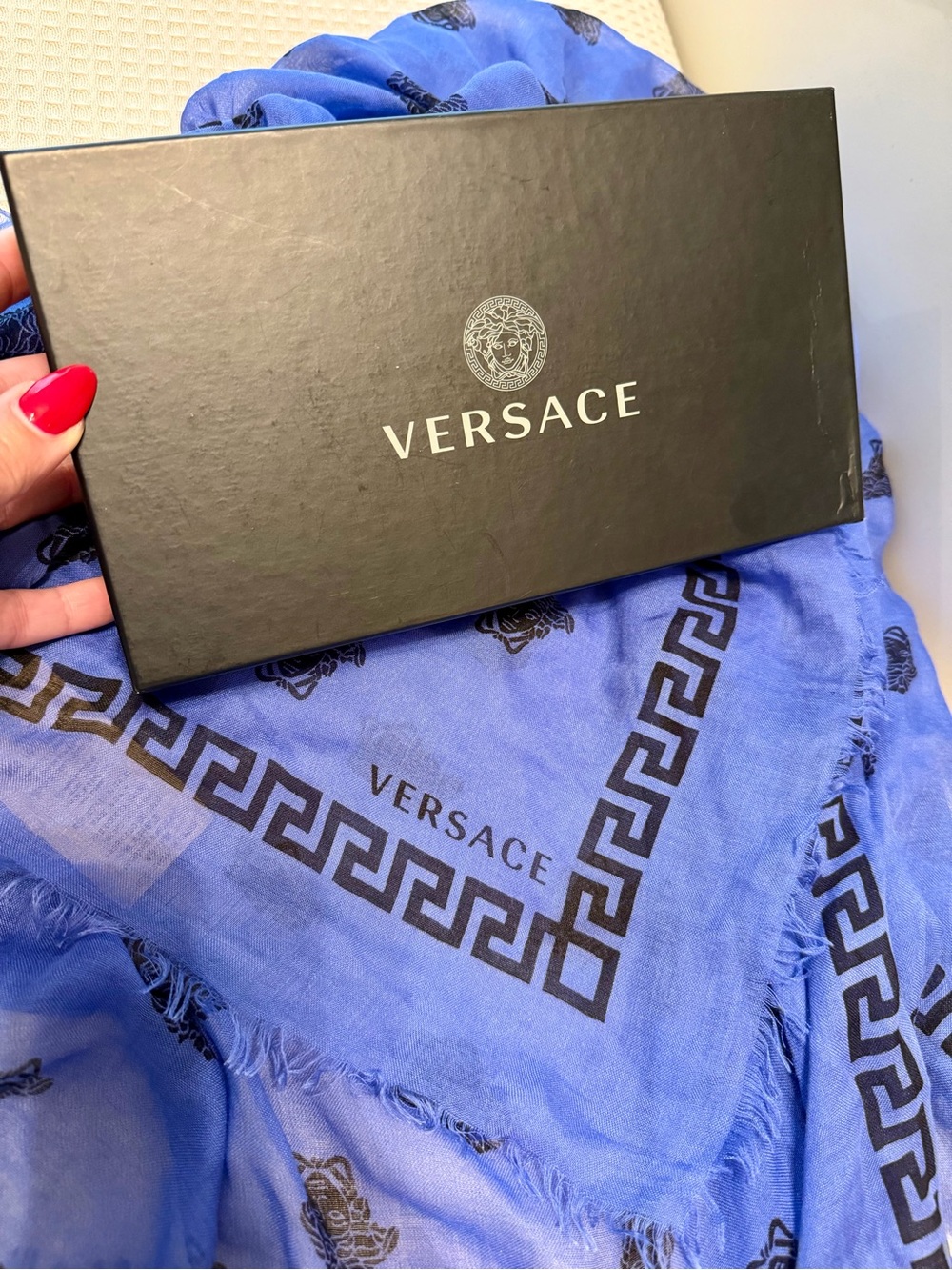 BNWT❗️Versace Royal Blue Scarf with Black Medusa & Greca Key Trim
